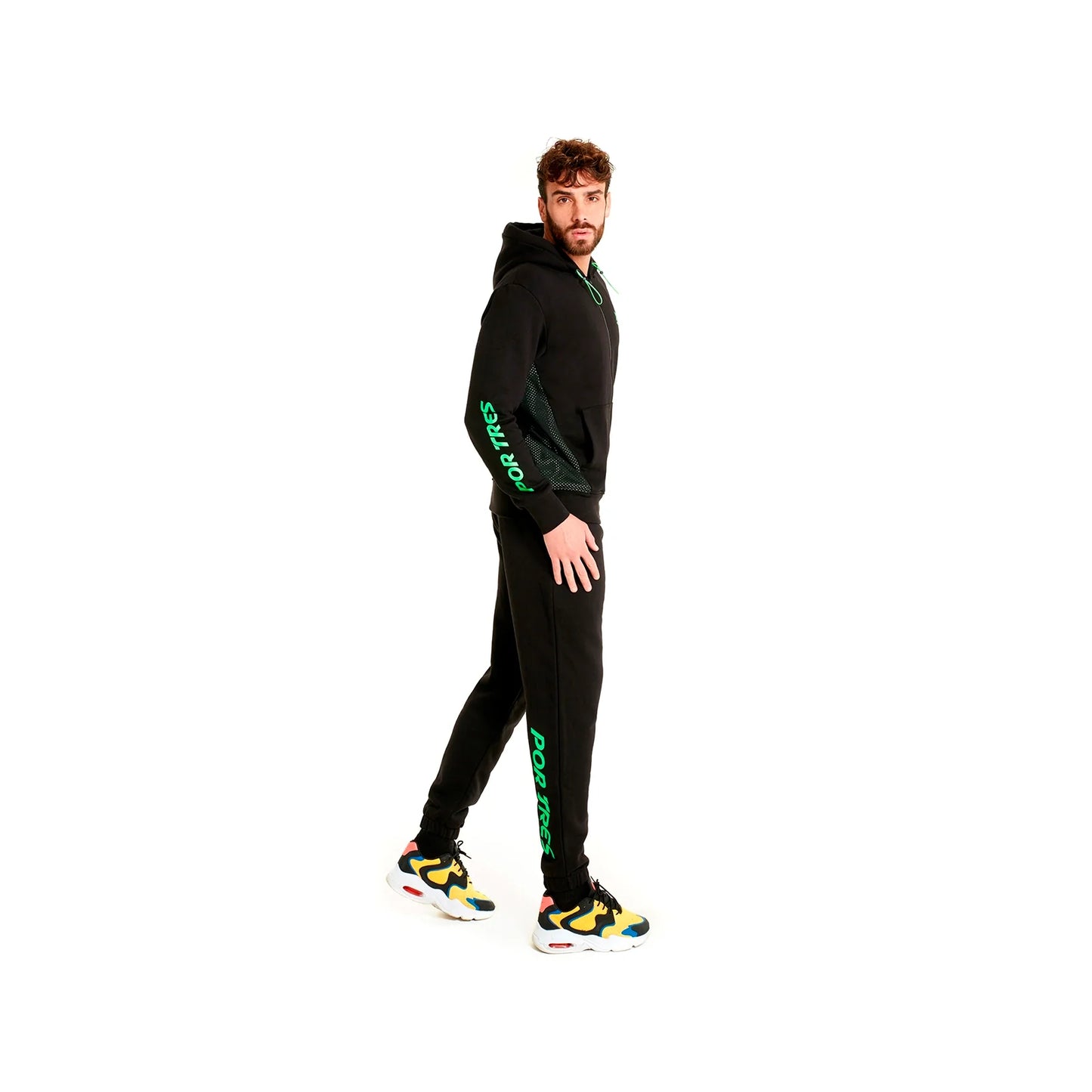 Felpa USA con cappuccio Nera con inserti Verde Fluo