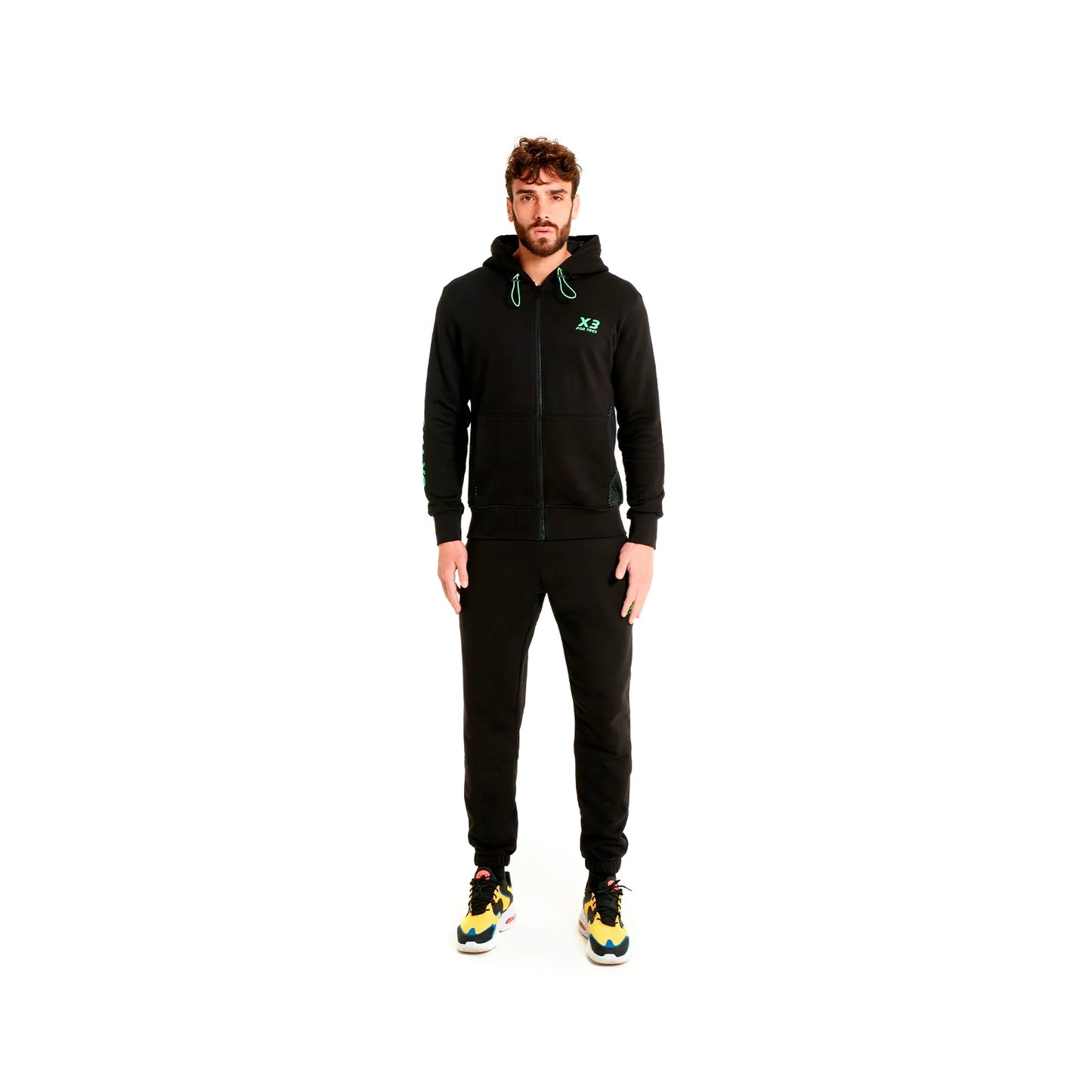 Felpa USA con cappuccio Nera con inserti Verde Fluo